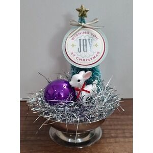 Handmade Christmas Scene Assemblage Art Deer Tinsel Tree Dessert Cup Joy